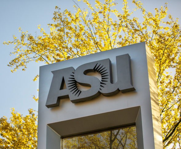 Arizona State University acronym ASU on a pillar in front of blooming palo verde trees